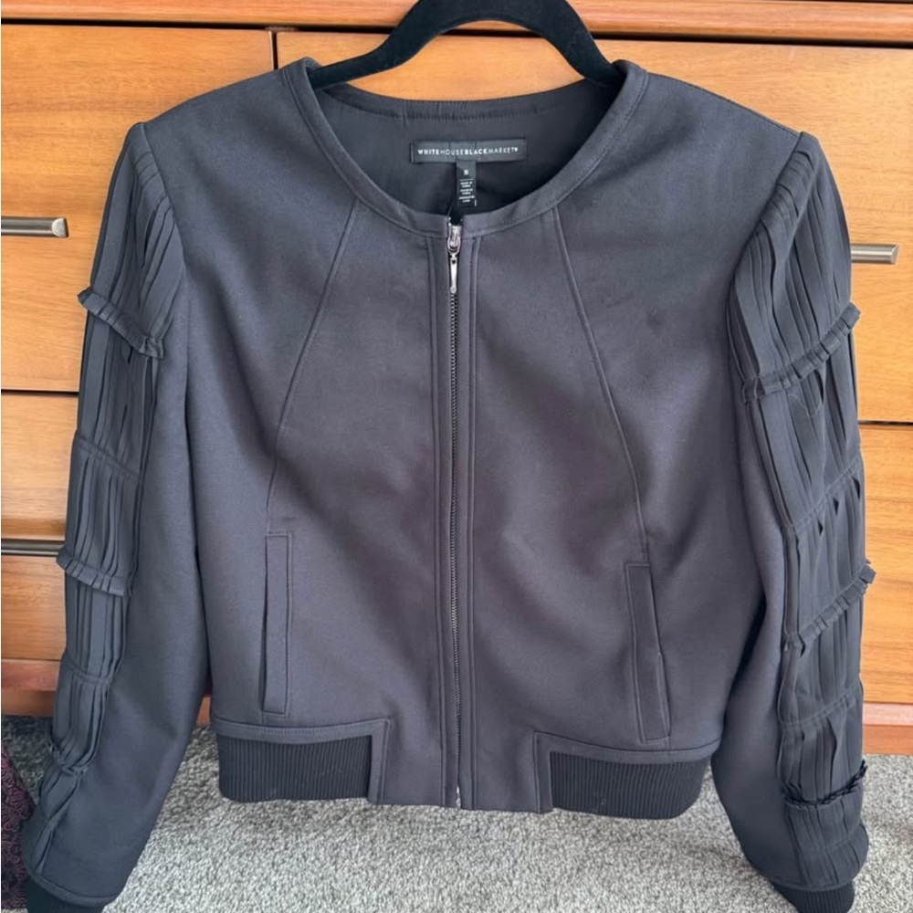 White House Black Market Black Bomber Jacket with Pleated Sleeve Panels